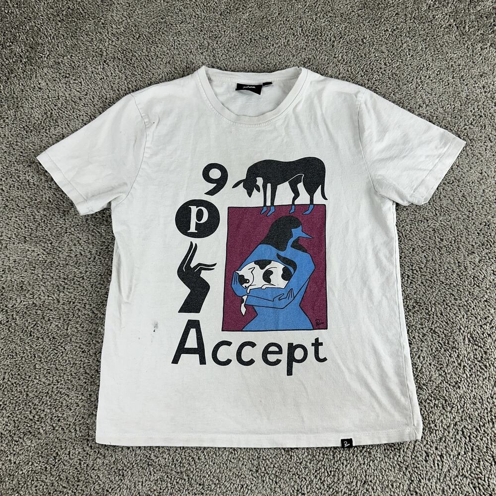 Parra Accept Shirt Mens Medium White Graphic Tee Dog Cat Art Made Portugal Rare